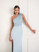 One shoulder feather and sequin dress